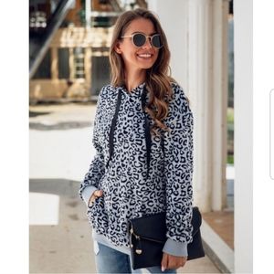 Leopard pockets Drawstring Hooded Sweater